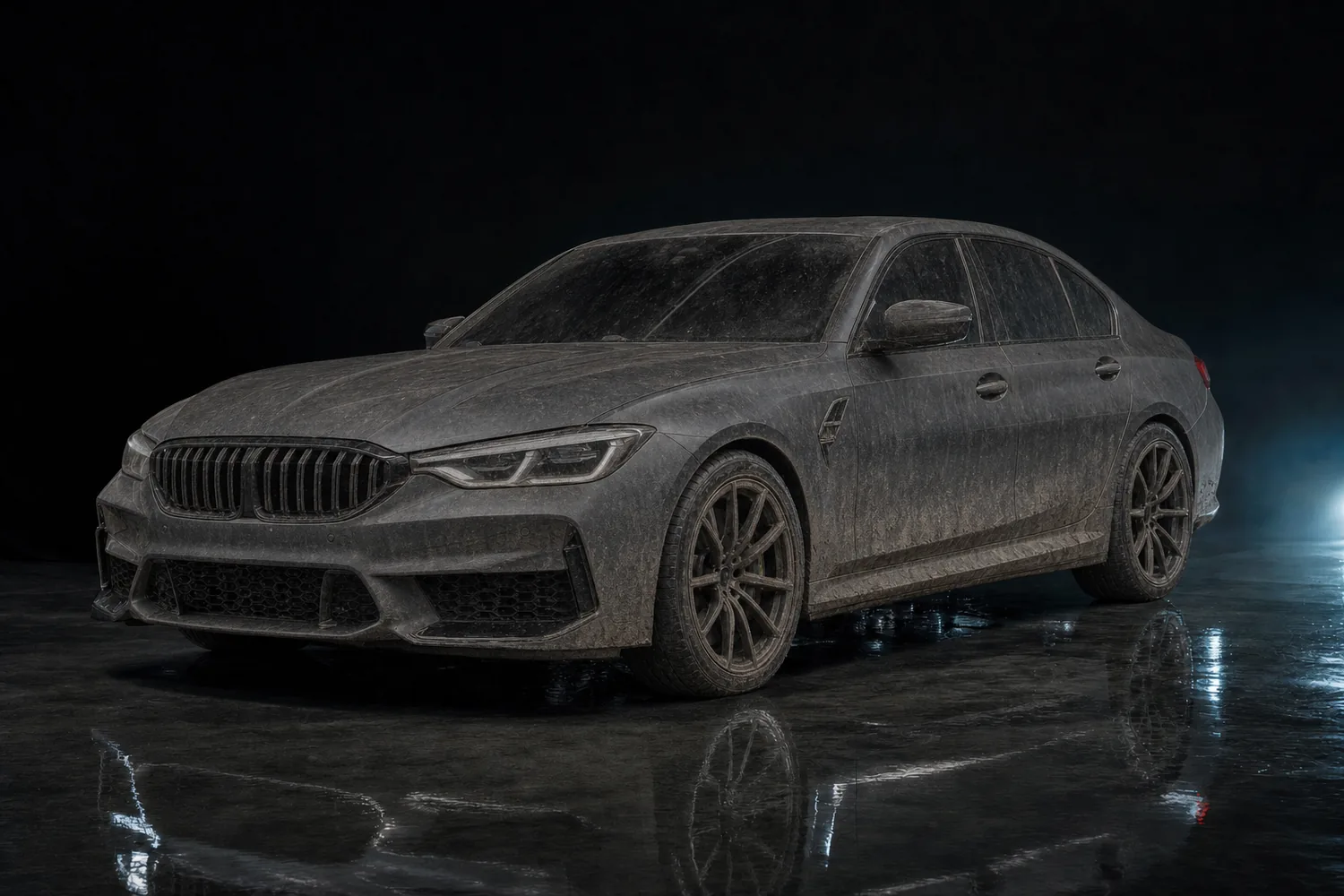 The same sedan before detailing, covered in road dust with dull oxidised paint