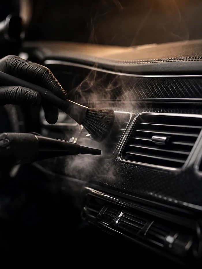 Steam cleaning a carbon fibre dashboard and air vents