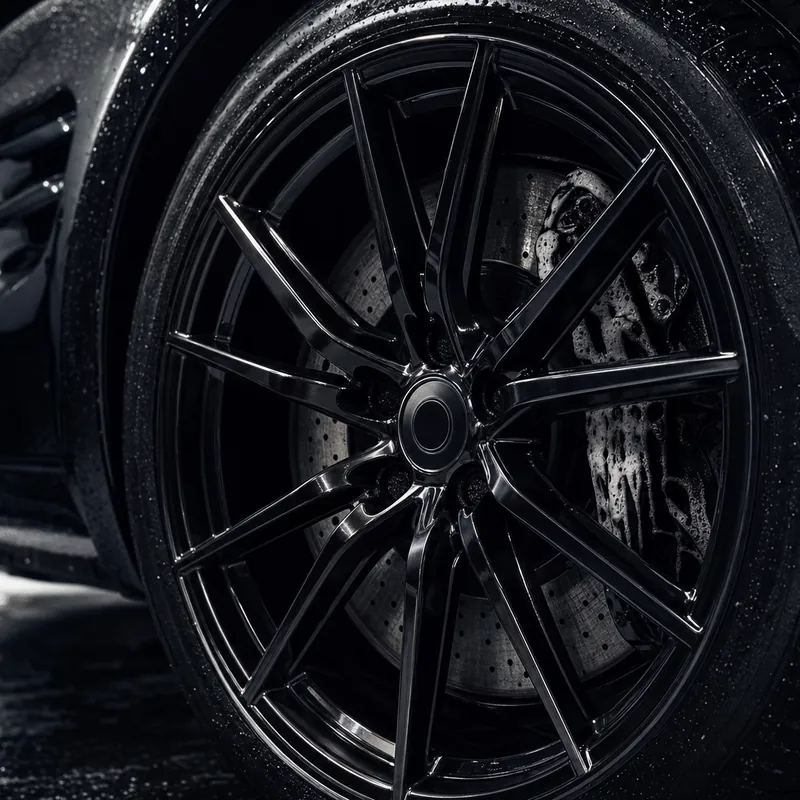Gloss-black forged alloy wheel after cleaning and tyre dressing