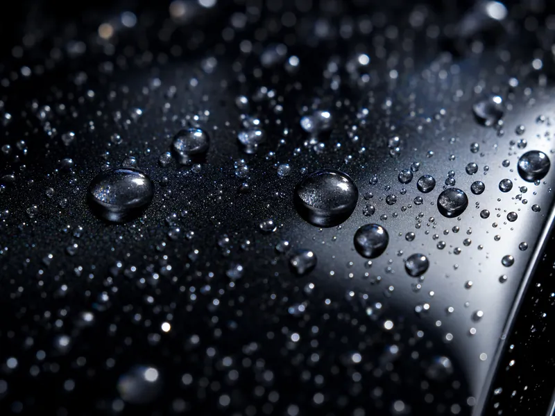 Water beading into perfect spheres on a ceramic-coated black car panel
