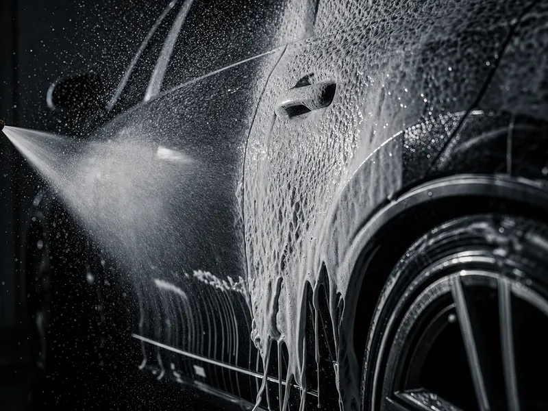 Snow foam sliding down the glossy black paintwork of a luxury car