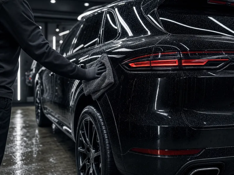 Detailer hand-drying a black luxury SUV with a plush microfibre towel