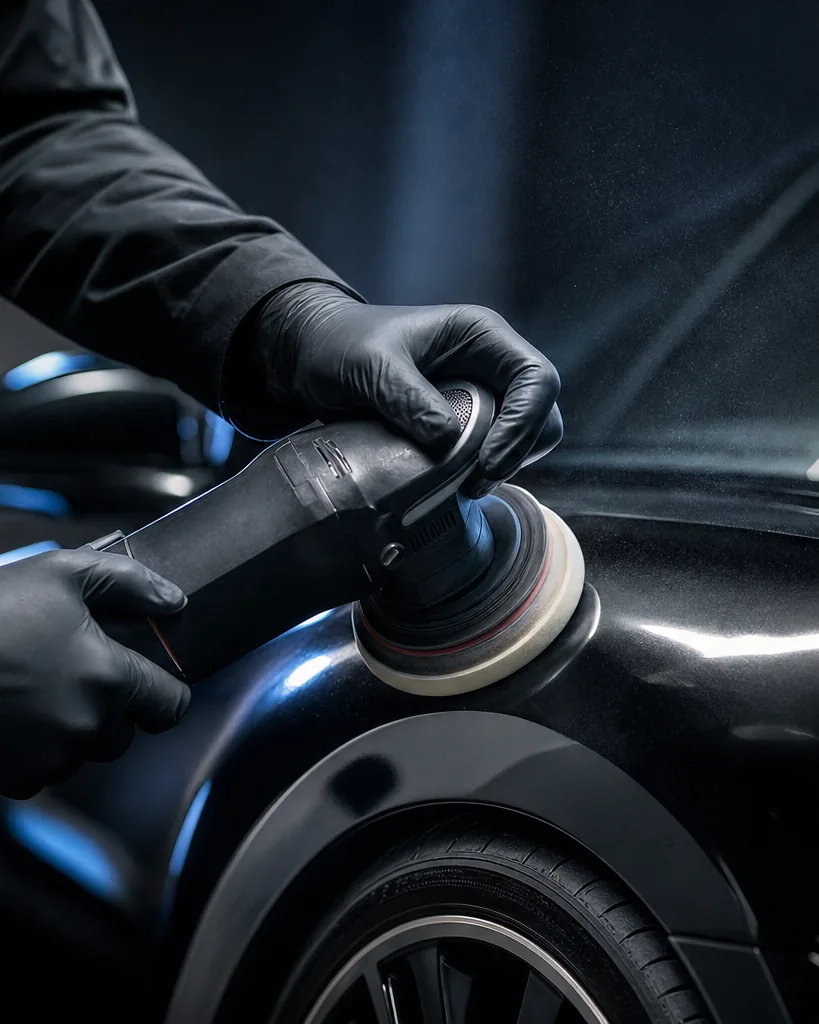 Detailer machine-polishing the glossy fender of a luxury car under dramatic studio light